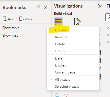 Bookmarks show and hide , Bookmarks to show and hide visuals